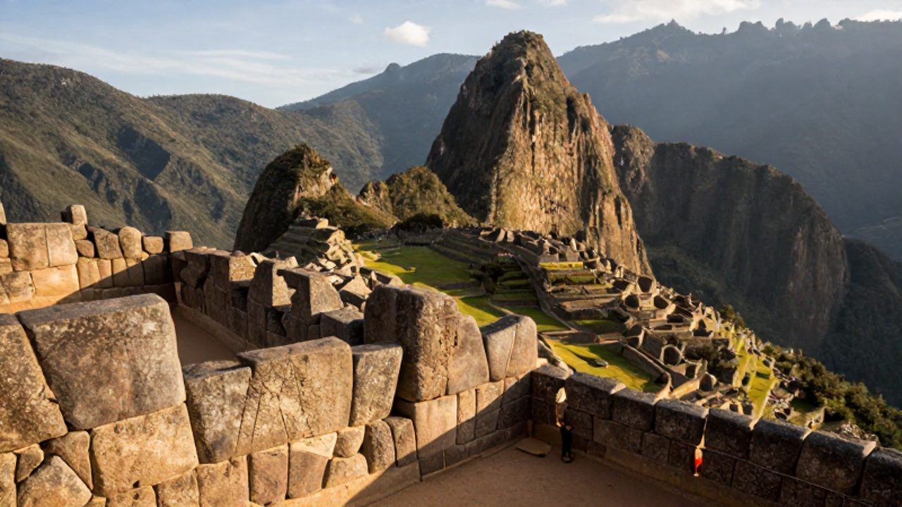Maestros canteros incas construyen un muro monumental con bloques de granito perfectamente encajados frente a terrazas agrícolas en las montañas del Cusco.