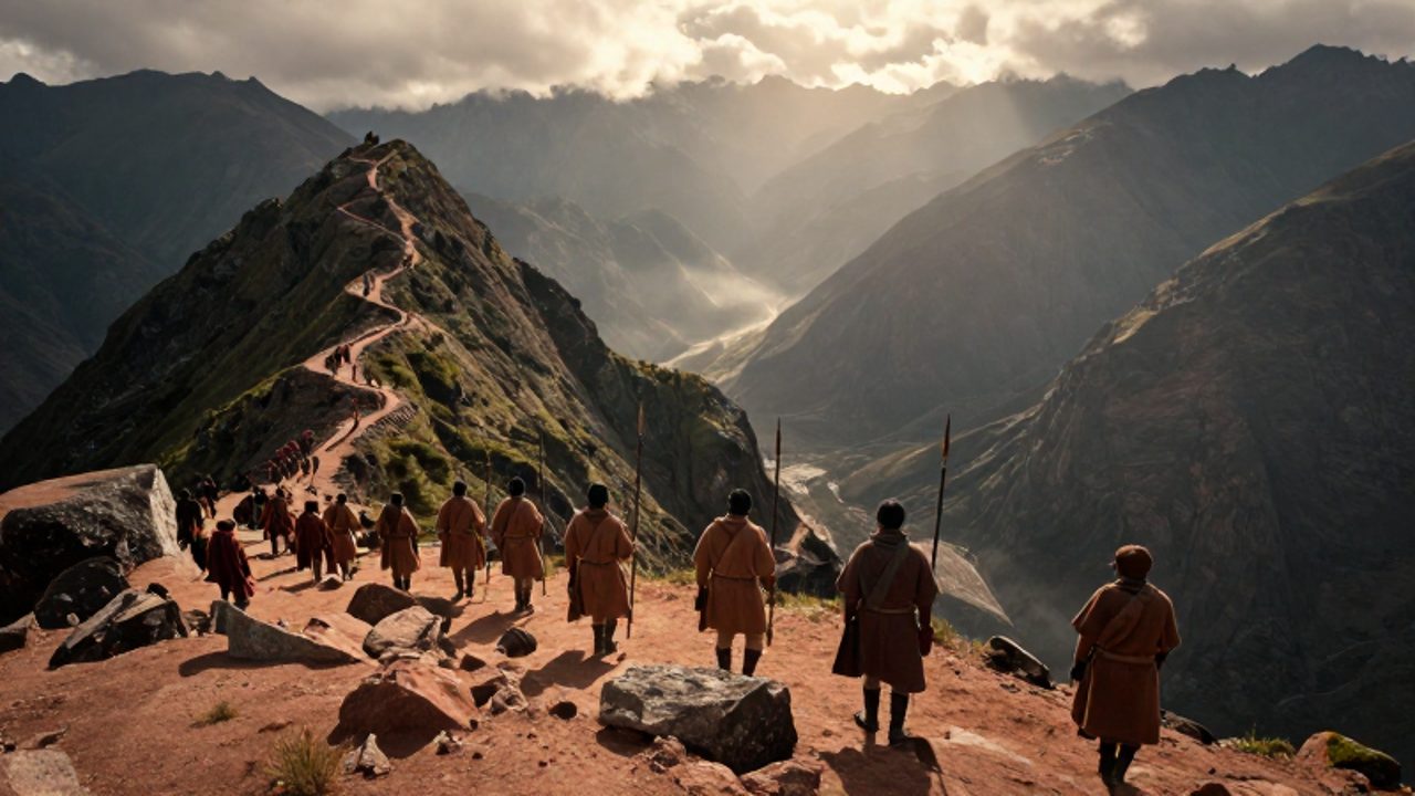 Guerreros incas con lanzas observan desde una cresta montañosa un valle andino neblinoso y escarpado para planificar la expansión territorial.