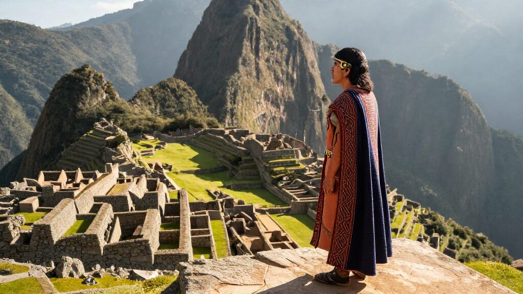 Un gobernante inca observa desde una terraza de piedra un valle andino con terrazas de cultivo y una ciudad de piedra construida en la montaña.