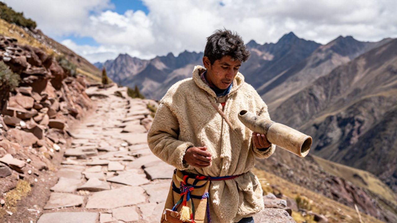 Un chasqui inca con vestimenta de lana de alpaca descansa en un sendero de piedra de los Andes mientras sostiene un pututu y porta un quipu en su cintura.