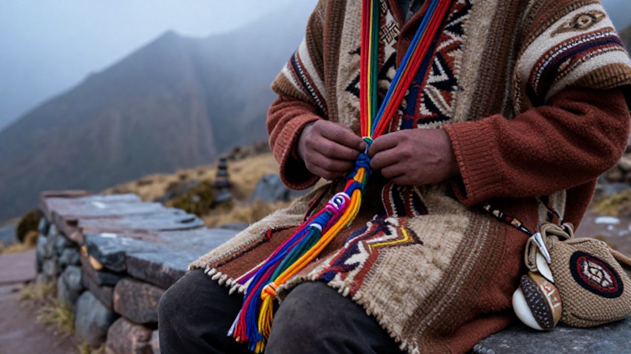 Manos de un chasqui sujetando un quipu con nudos de colores mientras descansa en un sendero de piedra en los Andes.