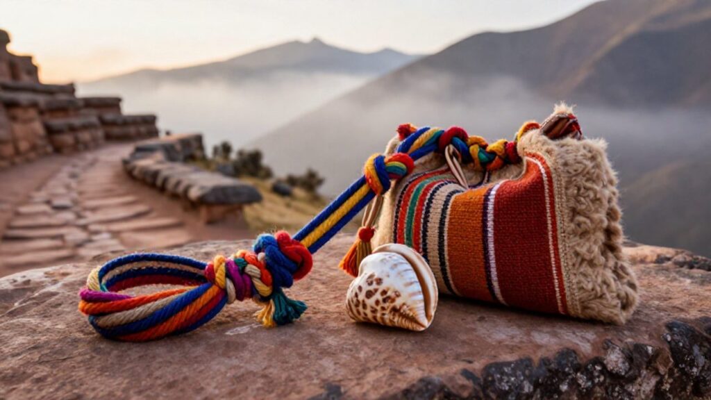 Un quipu con cordones anudados, un pututu de caracol y una chuspa de fibra de alpaca descansan sobre un sendero de piedra andino.