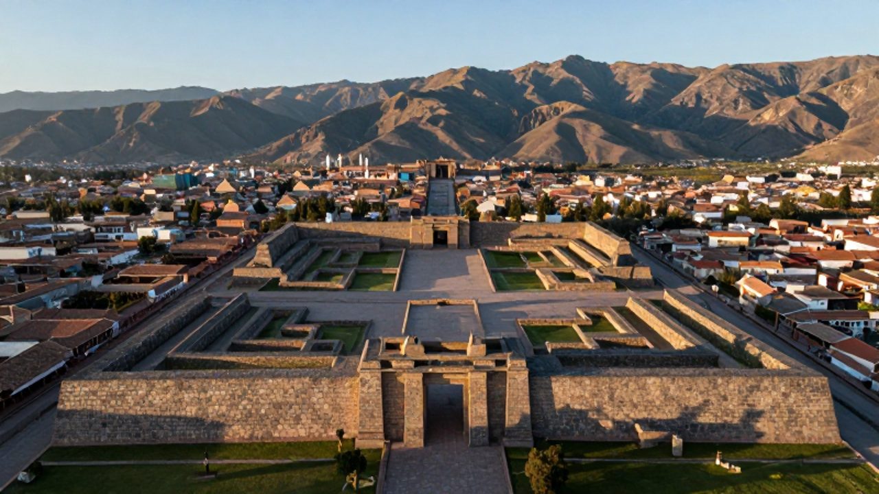 Vista aérea de la ciudad de Cusco con su diseño urbano organizado en piedra, rodeada por las montañas de los Andes.