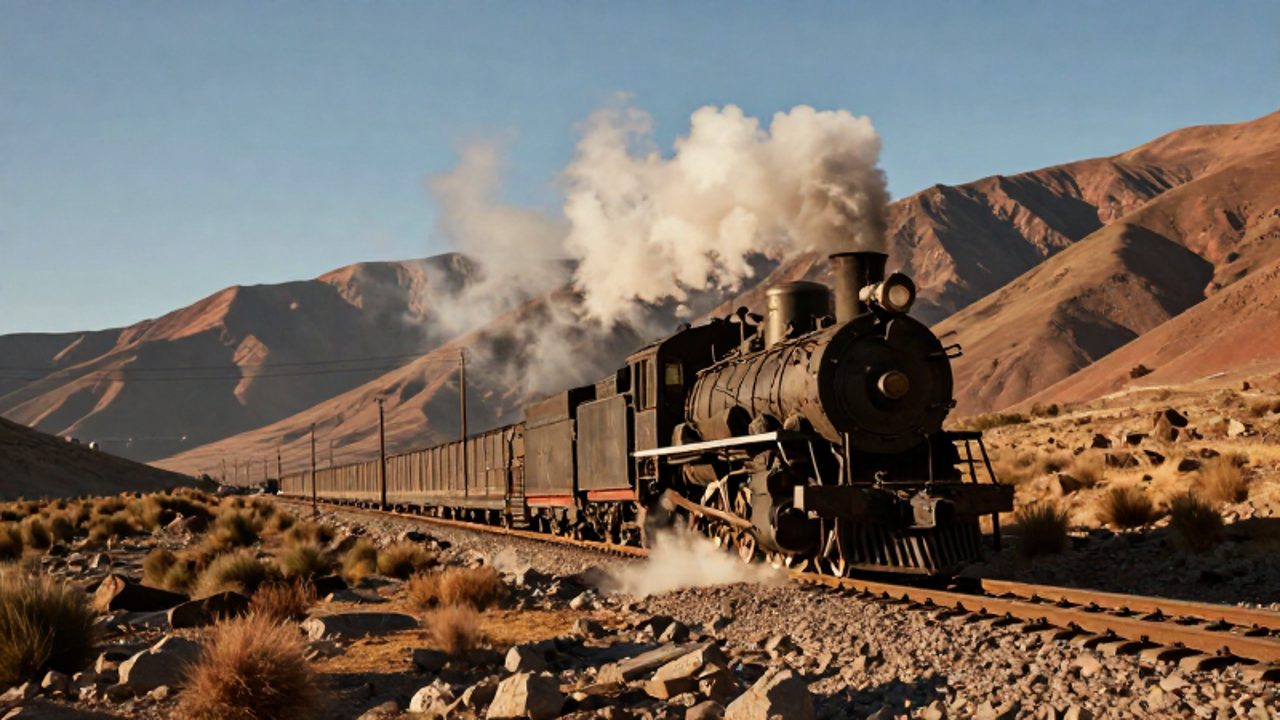 Locomotora de vapor recorriendo una vía ferroviaria recién construida entre las montañas de los Andes peruanos bajo un cielo despejado.