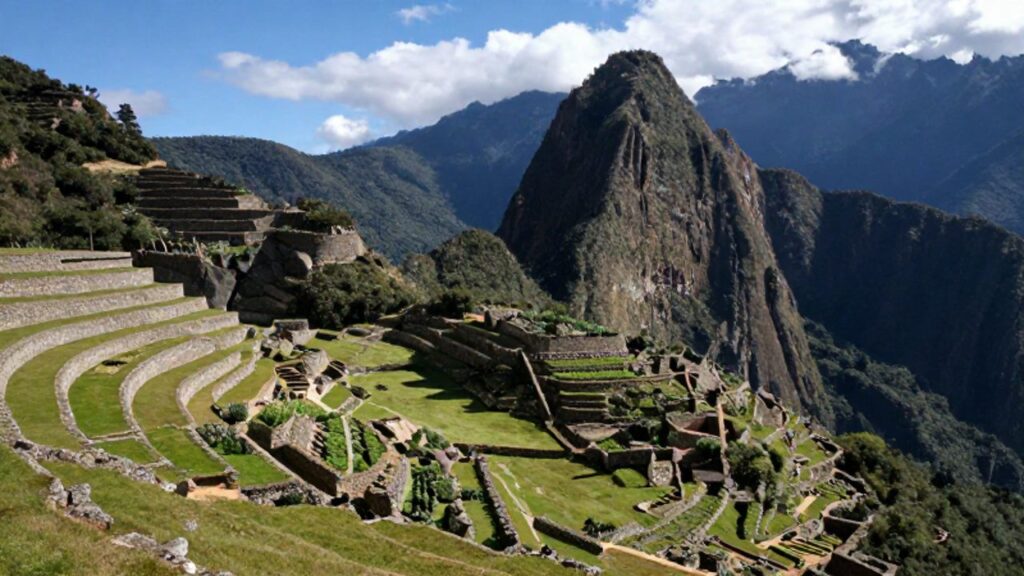 Andenes incas de piedra construidos en las laderas de una montaña verde bajo un cielo despejado en los Andes.