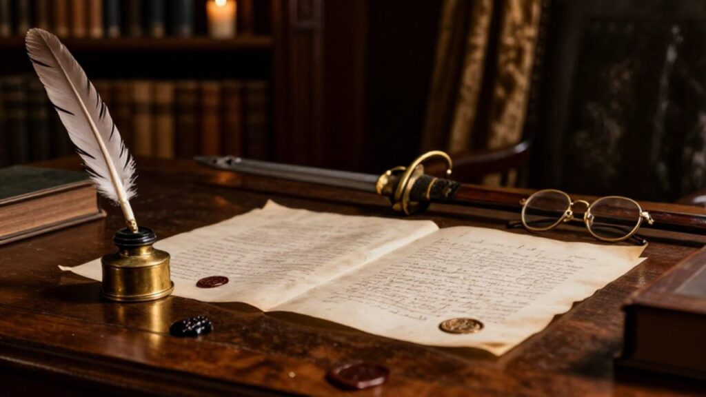 Documentos antiguos con manuscritos y sellos oficiales junto a un sable militar y una pluma sobre un escritorio de madera, simbolizando la labor legislativa y el poder militar en el siglo XIX.