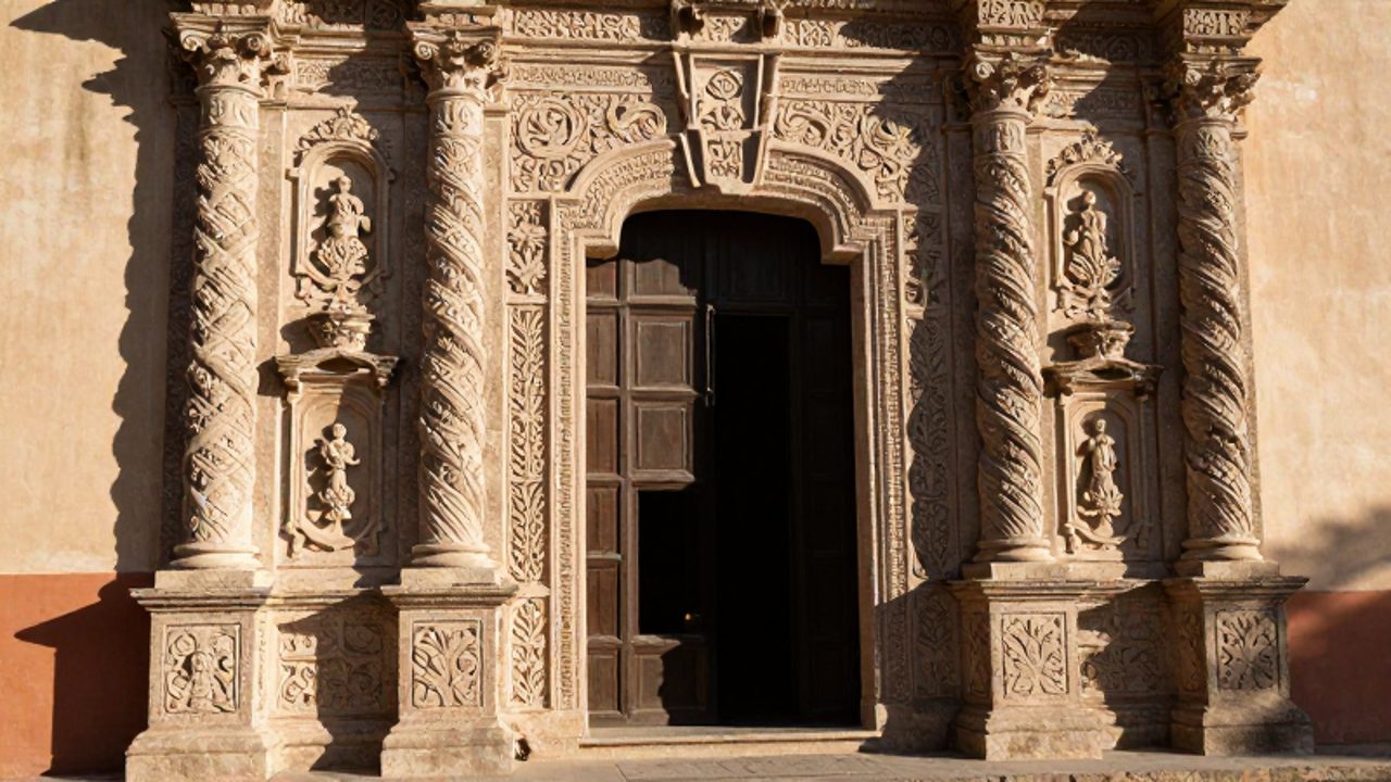 Fachada de una iglesia colonial en Lima con un portal de piedra tallada que combina columnas salomónicas y motivos florales europeos con elementos botánicos locales.
