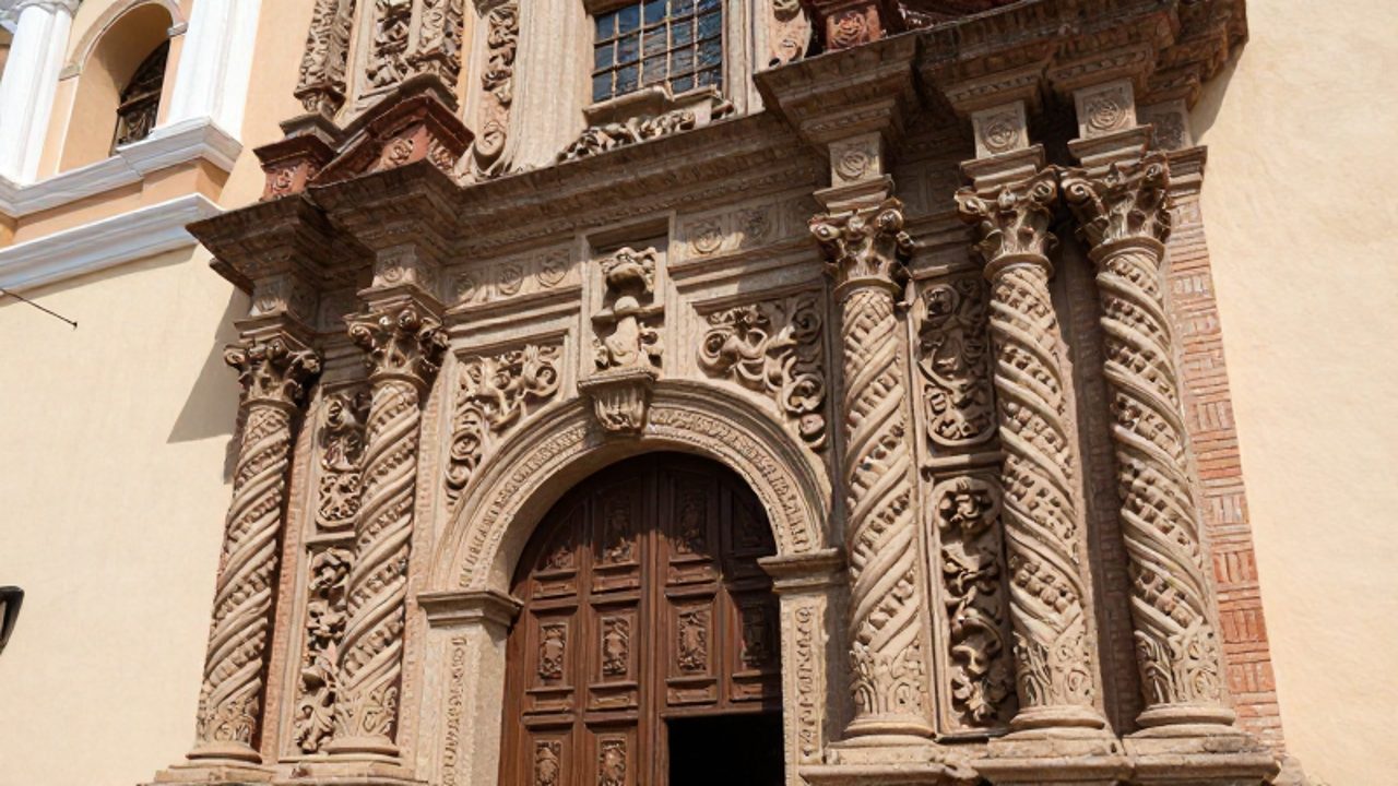 Detalle de la fachada de piedra con columnas salomónicas y relieves ornamentales de motivos florales en un convento de Lima.