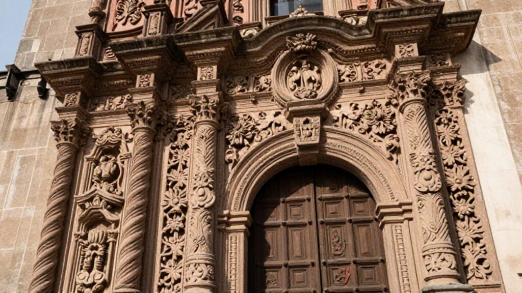 Detalle de una columna salomónica con relieves ornamentales y motivos florales en la fachada de una iglesia colonial en Lima.