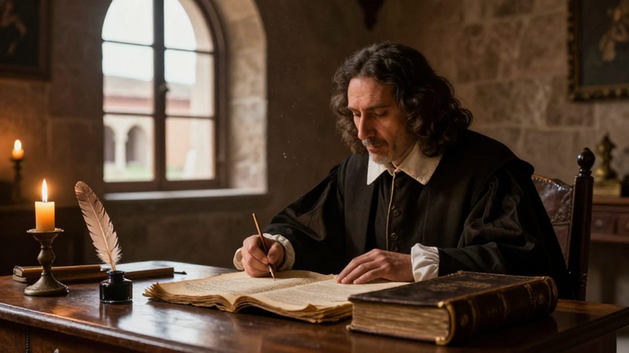 Un erudito jesuita del siglo XVII estudia un manuscrito indígena y un libro teológico sobre un escritorio de madera en un estudio colonial.