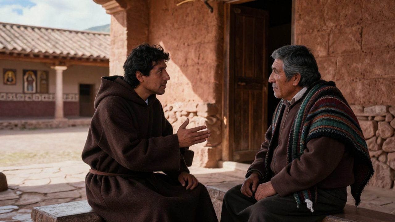 Un fraile franciscano y un hombre andino conversan sobre un pergamino en un patio colonial, rodeados de elementos arquitectónicos que combinan iconografía cristiana y patrones geométricos indígenas.