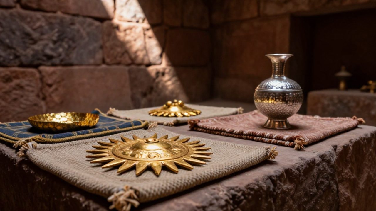Objetos de oro y plata, como un disco solar y un recipiente ceremonial, descansan sobre textiles dentro de una qollqa o depósito de piedra inca.