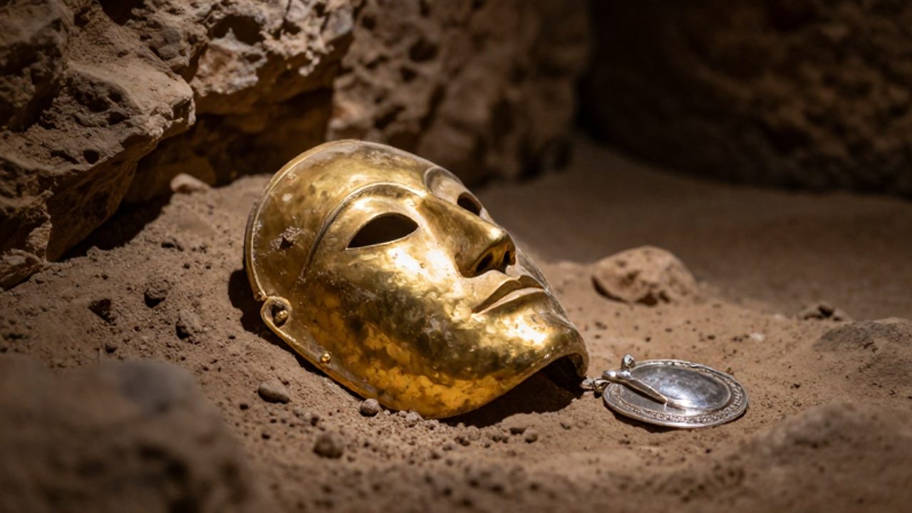 Máscara ceremonial de oro y pectoral de plata parcialmente enterrados en tierra y piedra dentro de un sitio arqueológico subterráneo.
