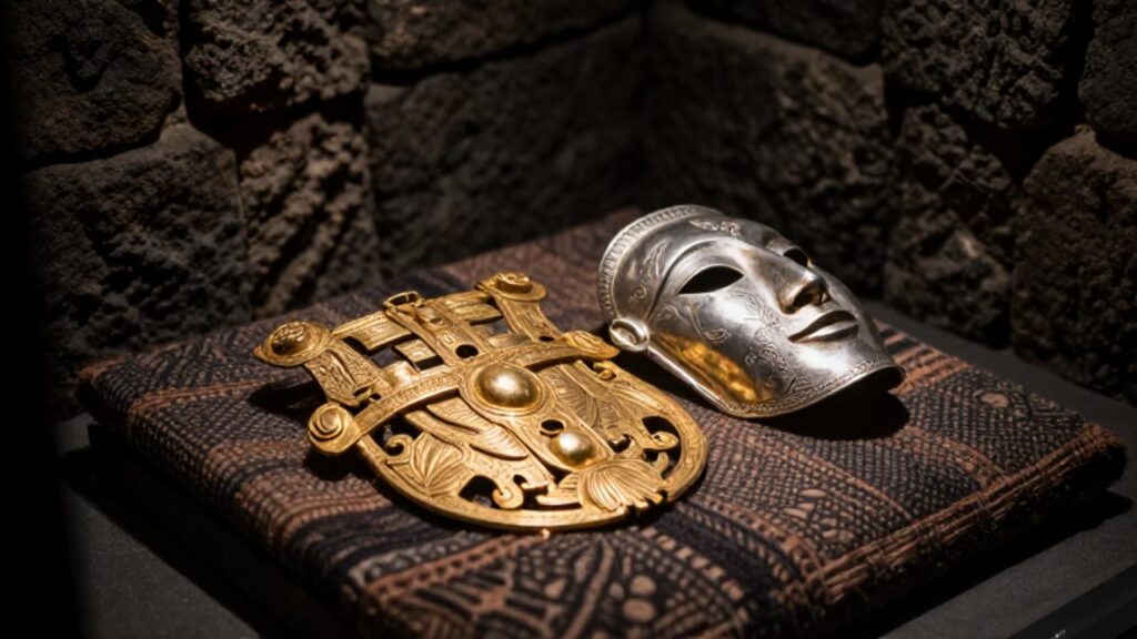 Objetos de oro y plata, como un pectoral y una máscara ceremonial, reposan sobre un tejido antiguo dentro de una cámara de piedra.