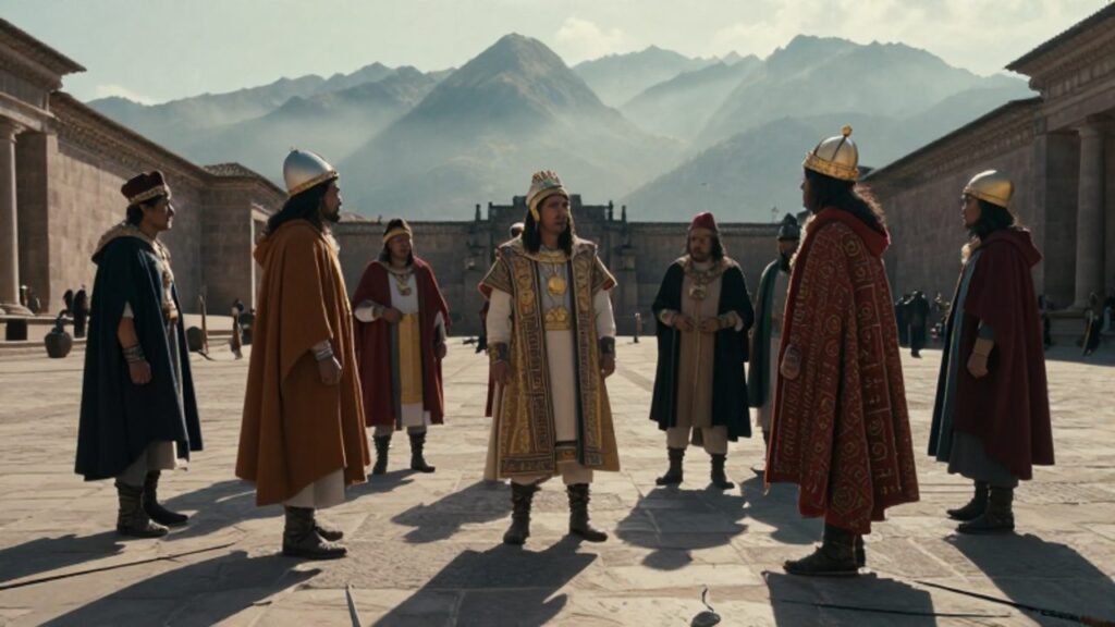 Nobles incas con vestimentas tradicionales y adornos de oro muestran signos de conflicto interno en una plaza de piedra de Cusco bajo un cielo nublado.