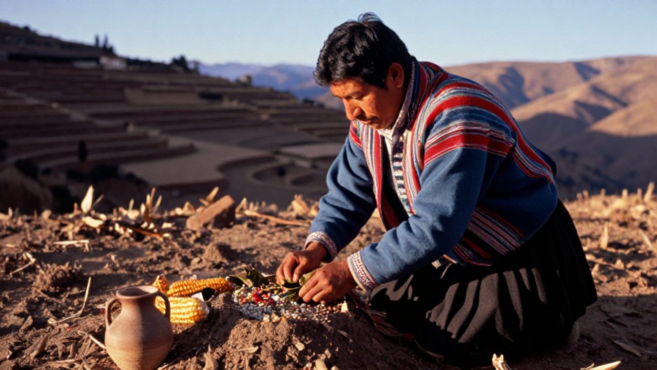 Hombre andino con vestimenta tradicional realiza una ofrenda de hojas de coca y semillas en un montículo de tierra frente a campos de cultivo en terrazas.