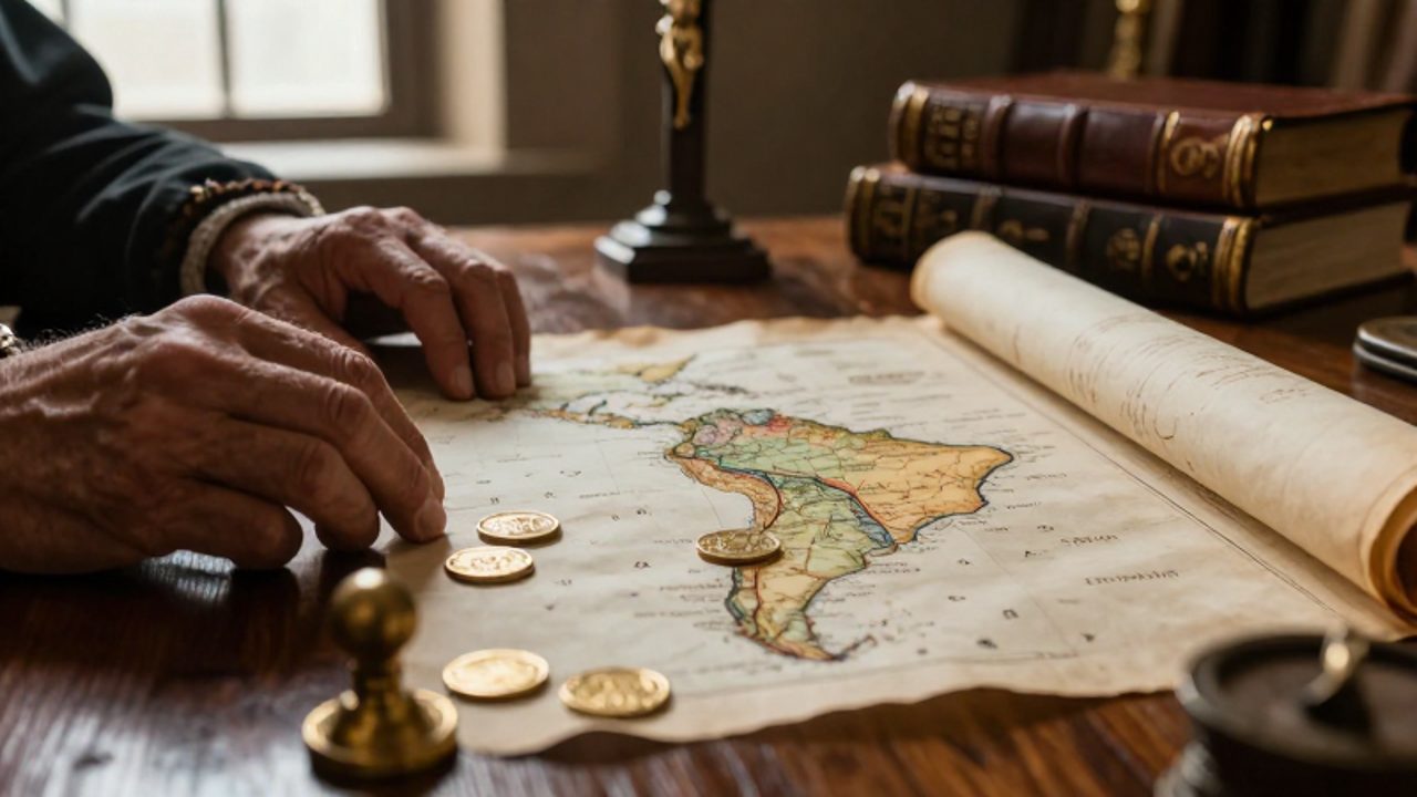 Manos apoyadas sobre un escritorio de madera con monedas de oro, un mapa antiguo de la costa sudamericana y libros contables de época.