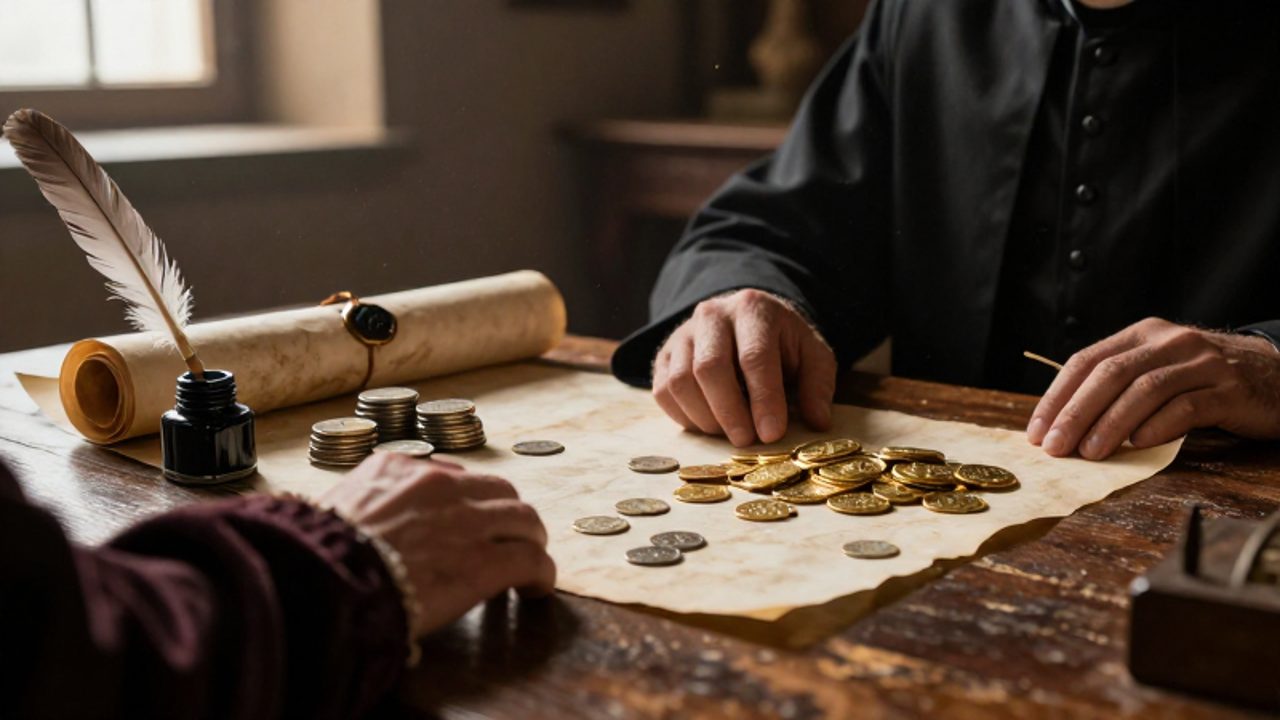 Dos manos, una con vestiduras religiosas y otra con jubón de terciopelo, disputan sobre una mesa de madera llena de monedas de oro, plata y pergaminos con sellos de cera.