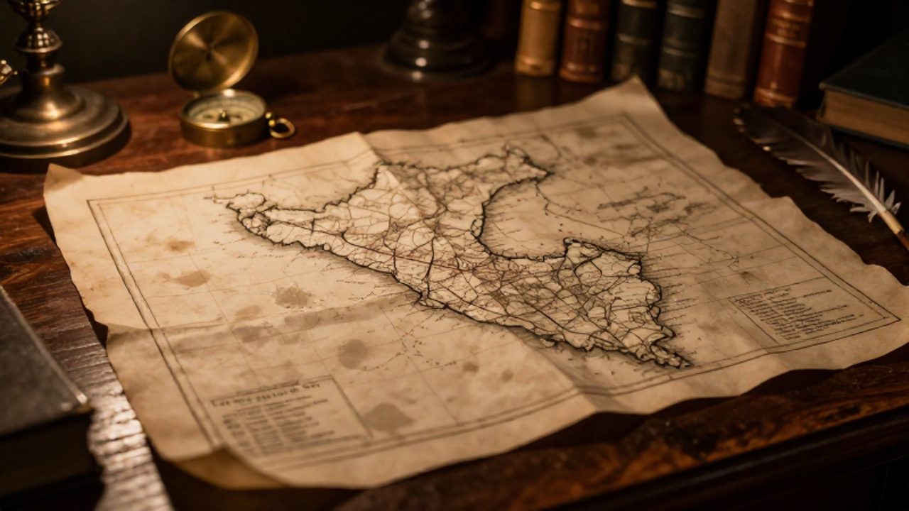 Mapa antiguo de Perú sobre un escritorio de madera junto a una brújula y una pluma, con sombras que resaltan las zonas costeras y del sur.