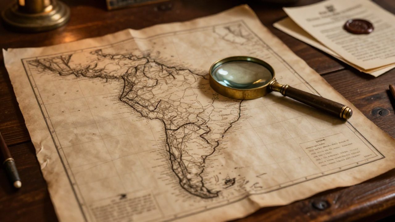 Mapa antiguo de Sudamérica sobre un escritorio de madera con una lupa sobre los límites territoriales del Perú y documentos coloniales.