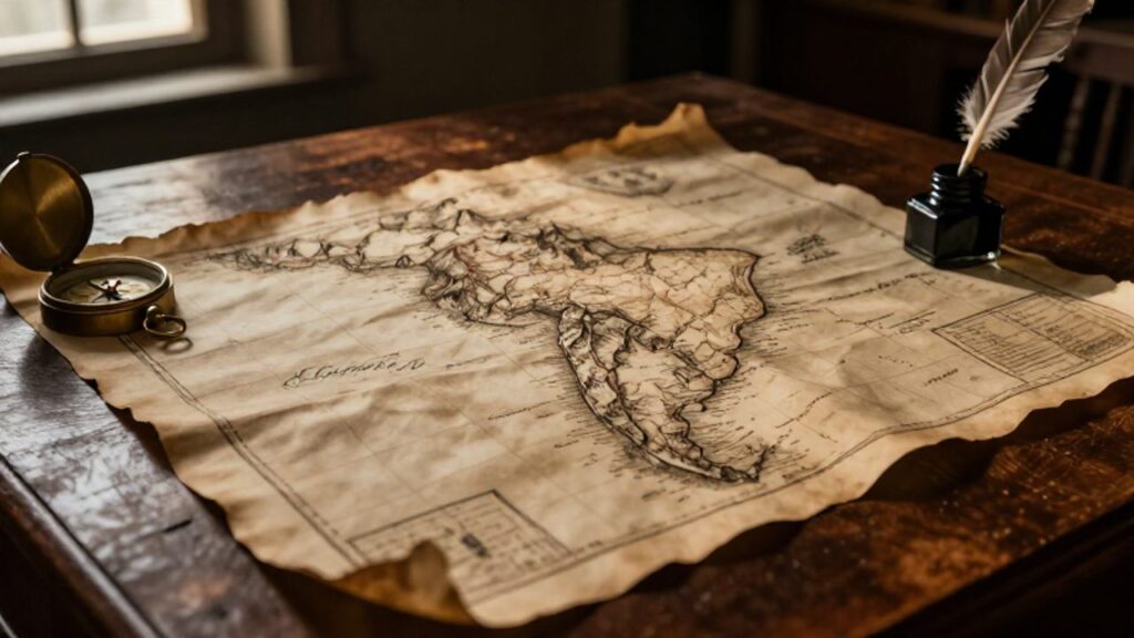 Mapa antiguo de Sudamérica sobre una mesa de madera con una brújula de latón y un tintero en un estudio de ambiente histórico.