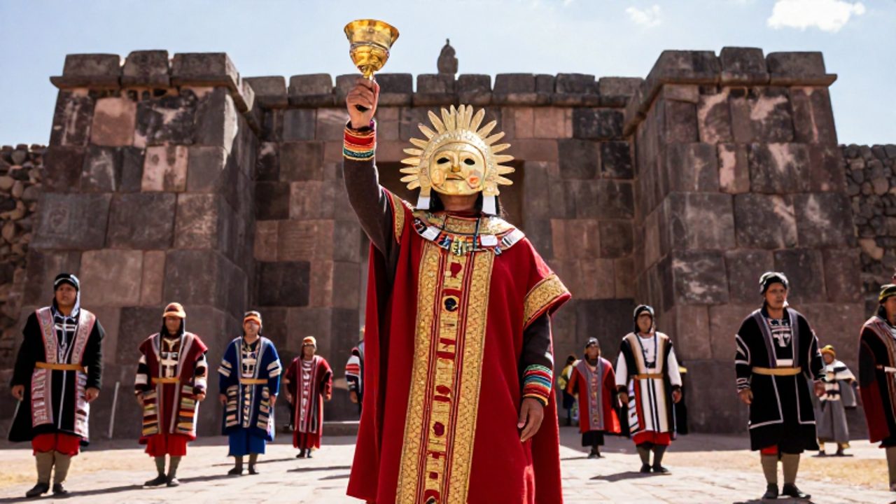 Un actor que representa al Inca levanta un recipiente dorado hacia el cielo durante la ceremonia del Inti Raymi en la fortaleza de Sacsayhuamán.