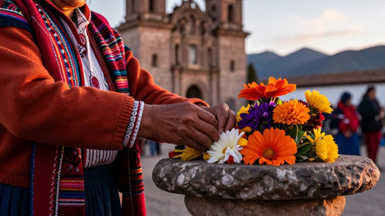 Manos de una mujer peruana adornando un altar de piedra con flores coloridas y textiles andinos durante una procesión religiosa.