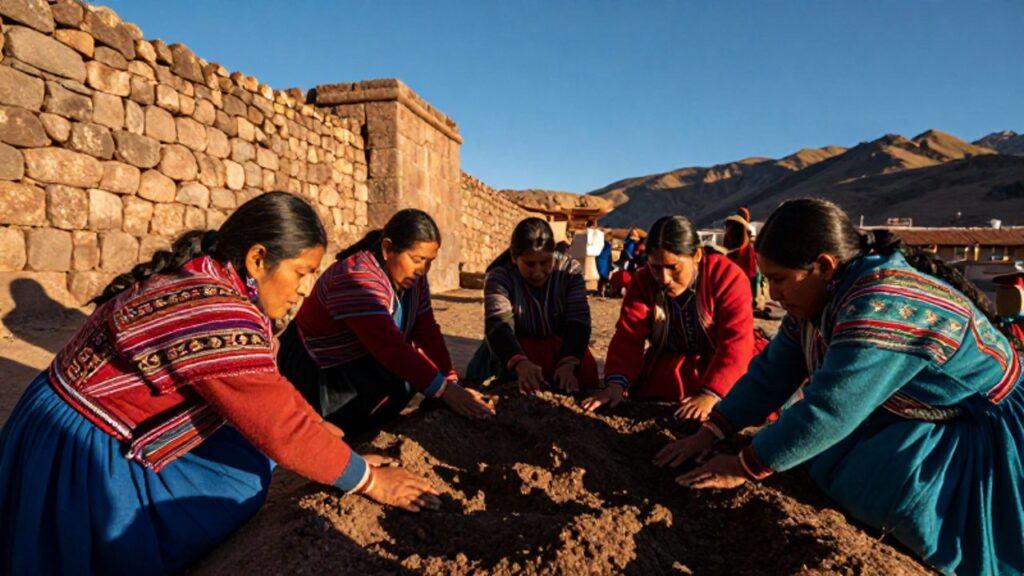Personas vestidas con textiles coloridos realizan un ritual de agradecimiento a la tierra frente a las ruinas incas de Cusco.