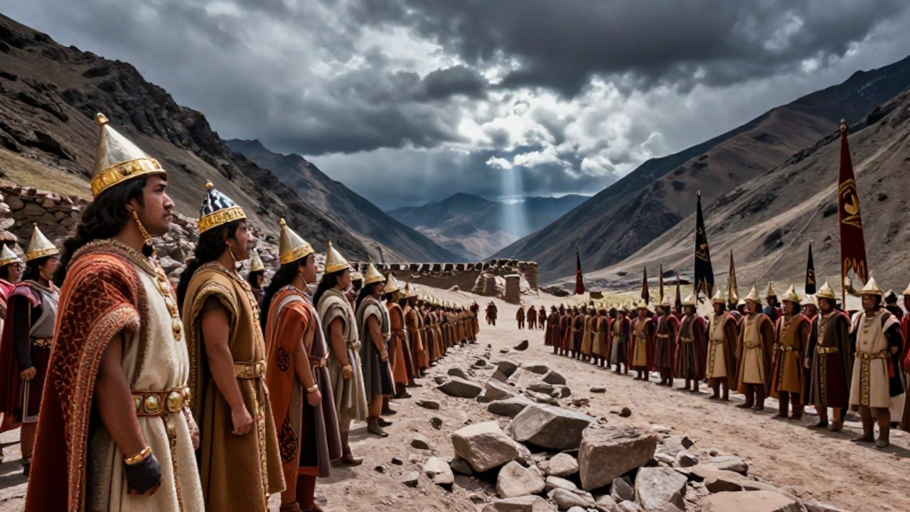 Dos bandos de guerreros incas se enfrentan en un accidentado paso de montaña andino bajo un cielo tormentoso.