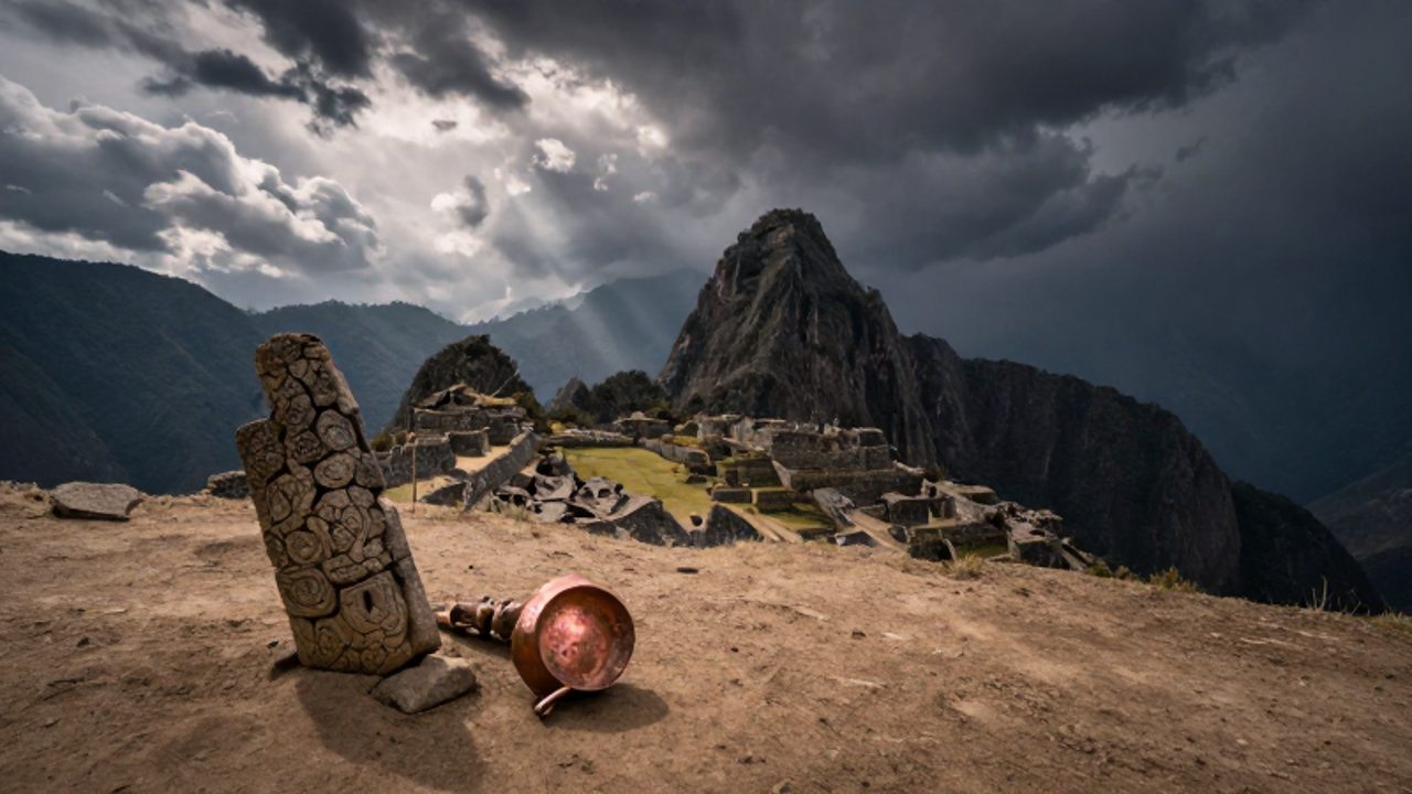 Un bastón ceremonial y un adorno de cobre desgastados yacen sobre la tierra frente a una fortaleza inca en ruinas bajo un cielo tormentoso de los Andes.