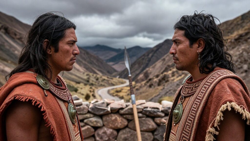 Dos guerreros incas con vestimentas ceremoniales se enfrentan con tensión en un paisaje montañoso andino desolado bajo un cielo nublado.