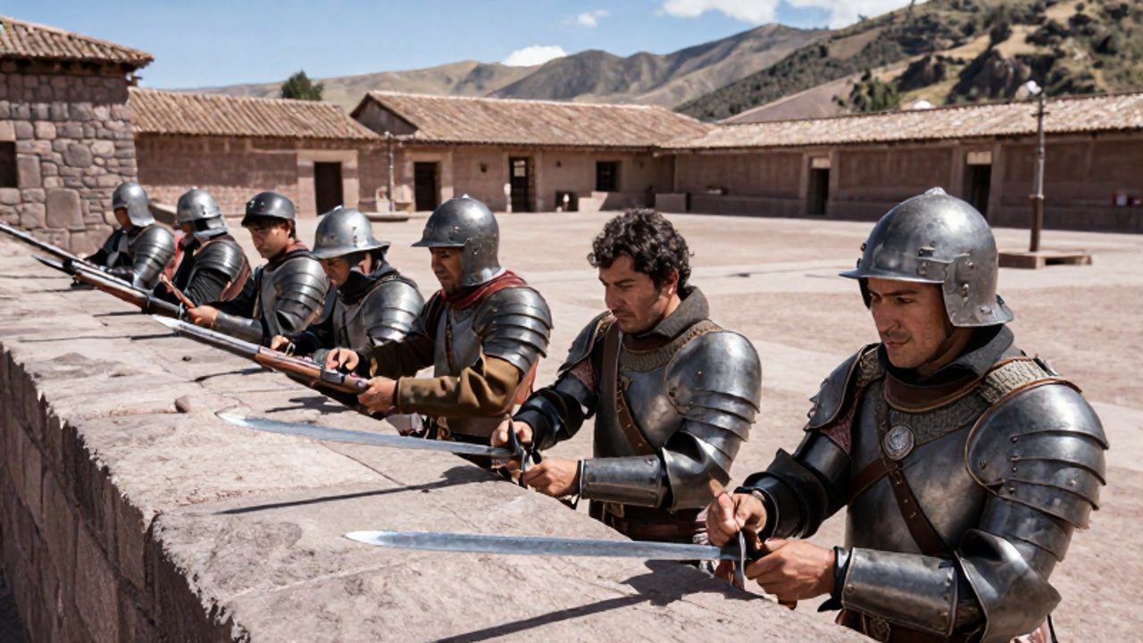 Conquistadores españoles con armaduras y armas se preparan ocultos tras muros de piedra en la plaza de Cajamarca.