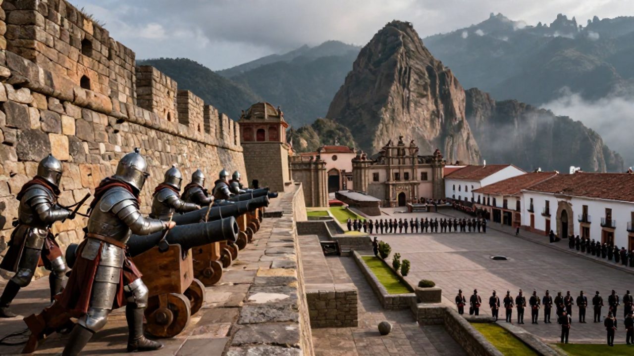 Composición dividida que contrasta el asedio de una fortaleza inca por conquistadores españoles con el bloqueo de una ciudad colonial fortificada en los Andes.