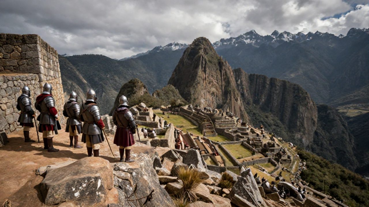 Reconstrucción histórica de conquistadores españoles observando desde una cresta rocosa el asedio a un asentamiento inca en un valle andino rodeado de montañas nevadas.