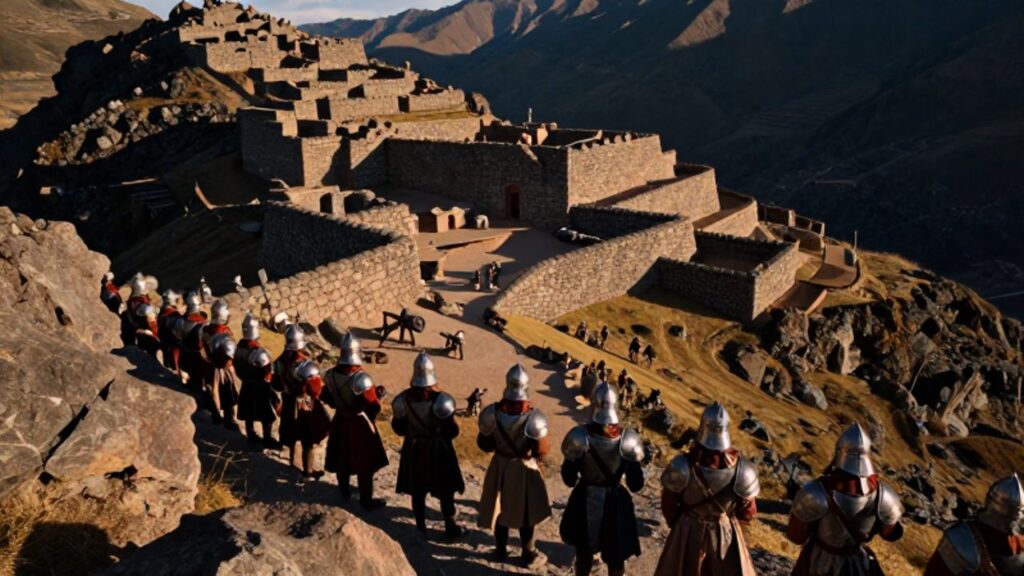 Soldados conquistadores españoles con armaduras de acero observan desde una montaña el asedio a un asentamiento inca construido con muros de piedra en un valle andino.