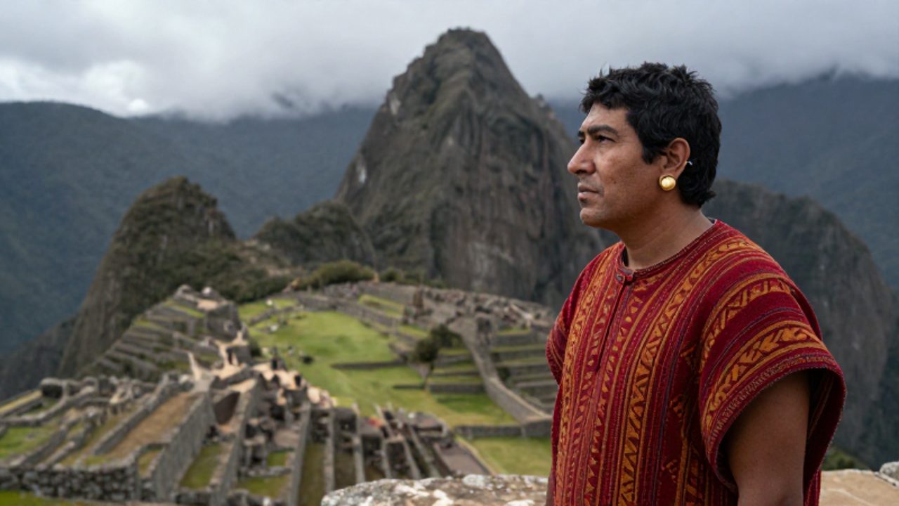 Un noble inca con túnica geométrica y adornos de oro observa pensativo desde una terraza de piedra hacia un valle andino cubierto de niebla.