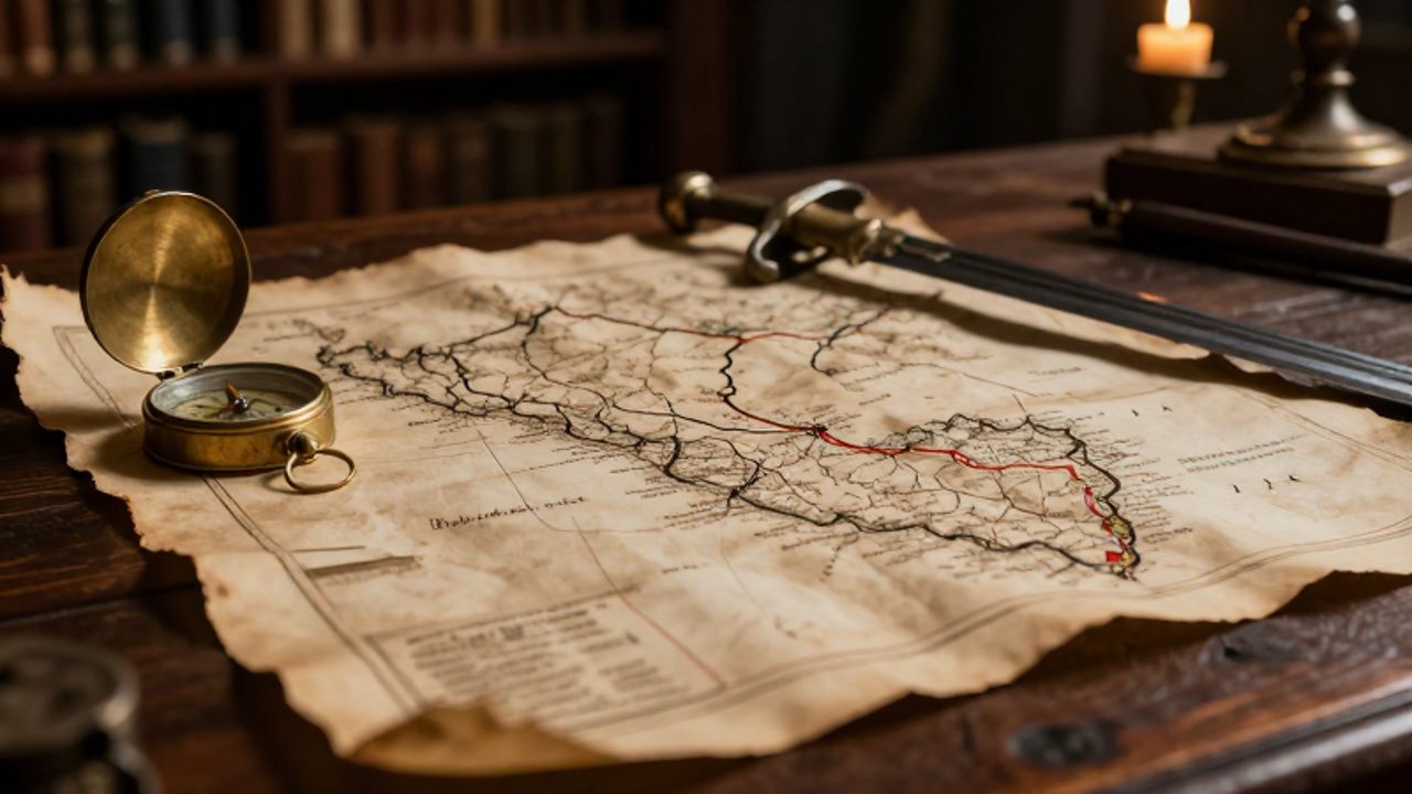 Mapa antiguo de Perú con rutas militares estratégicas sobre una mesa de madera, junto a una brújula de latón y una espada de hierro.