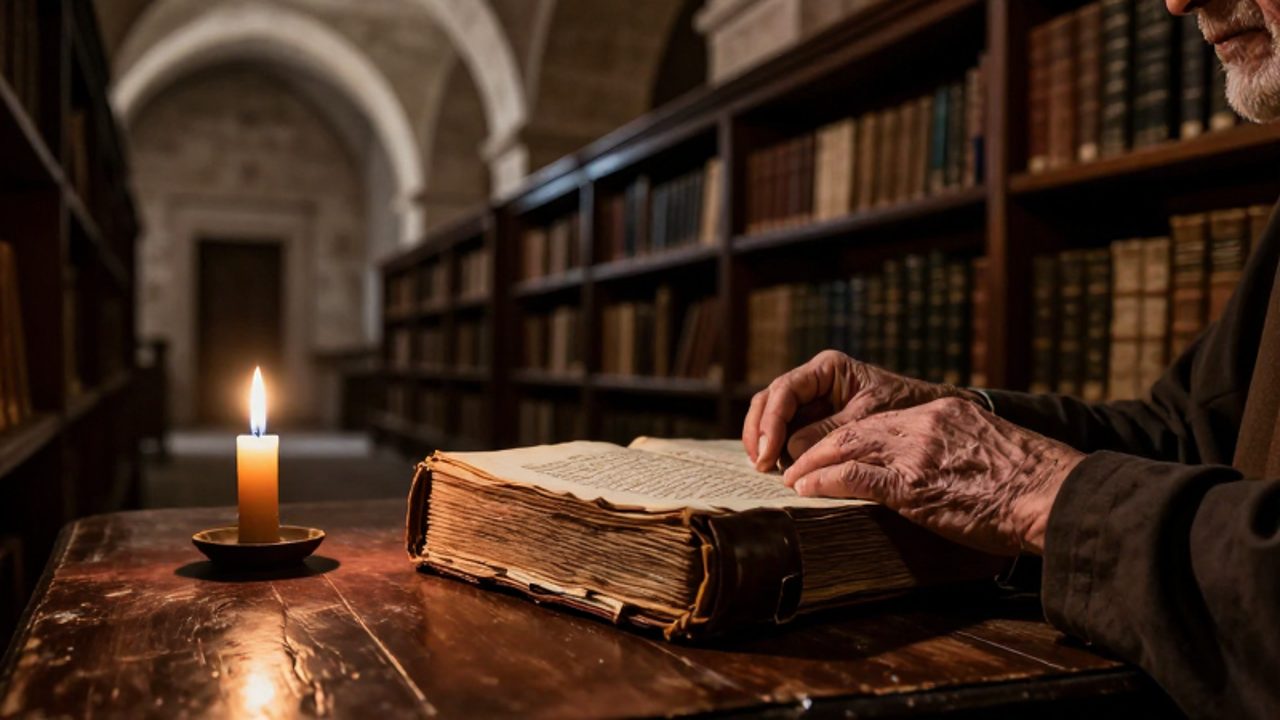 Manos de un monje reparando meticulosamente un antiguo manuscrito de cuero en la biblioteca de un convento colonial.
