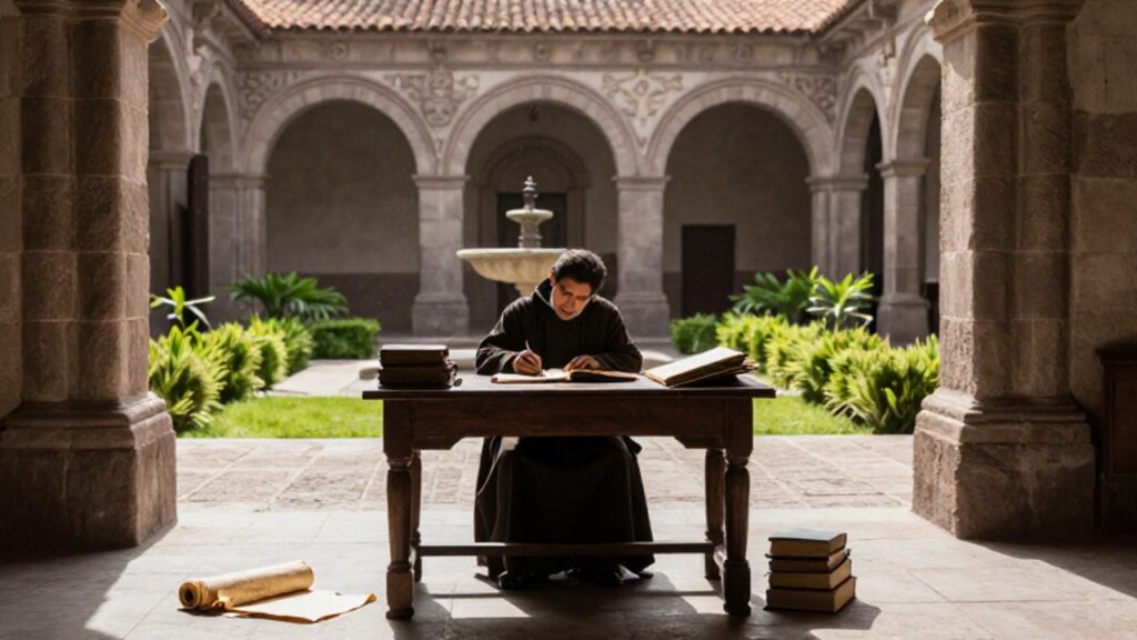Un monje de hábitos oscuros escribe en un manuscrito sobre un escritorio de madera en el claustro de un convento colonial con arcos barrocos y un jardín central.