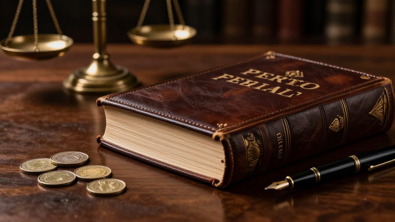 Un libro de leyes peruano sobre un escritorio de madera junto a monedas de sol y una balanza de la justicia al fondo.