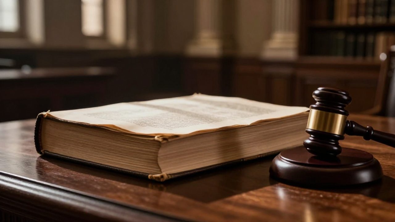 Un libro de leyes antiguo y un mazo de madera sobre un escritorio en una oficina judicial en penumbra.