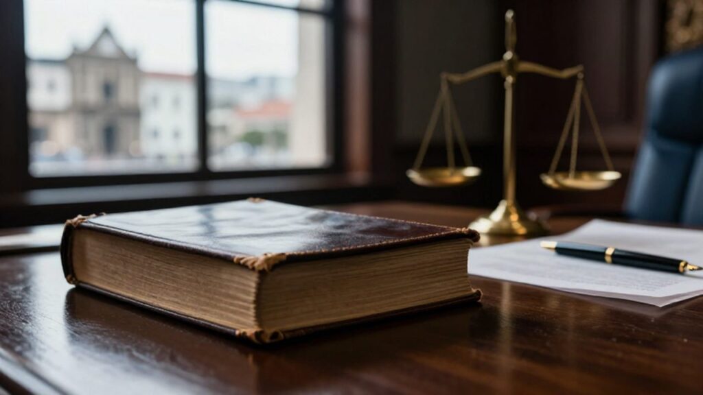 Libro de la Constitución y una balanza de la justicia desequilibrada sobre un escritorio de madera con vista a la Plaza de Armas de Lima.