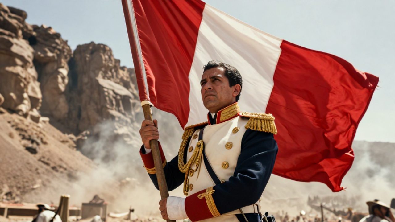 Oficial de caballería peruana del siglo XIX defendiendo con firmeza la bandera nacional frente a los riscos del Morro de Arica.