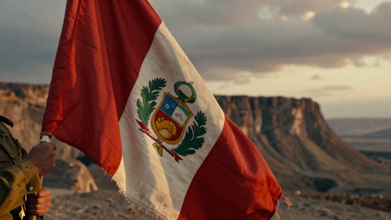 Una mano con uniforme militar antiguo sostiene con firmeza la bandera peruada frente a los acantilados del Morro de Arica bajo la luz de un atardecer.