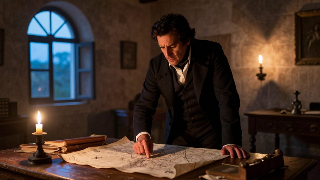 Un líder revolucionario del siglo XIX estudia un mapa sobre un escritorio de madera en una habitación colonial tenuemente iluminada.