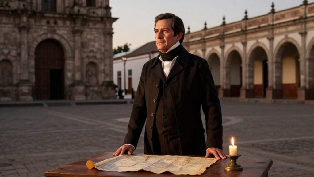 Francisco de Zela, con atuendo del siglo XIX, observa con determinación una plaza colonial en Tacna junto a un mapa y una vela sobre una mesa de madera.