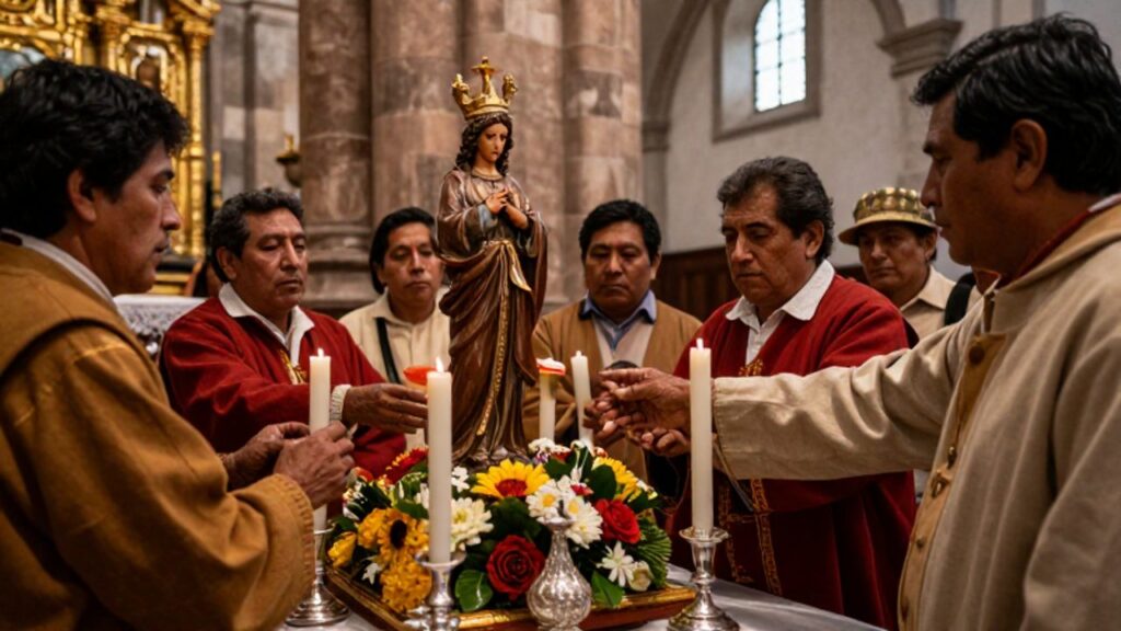 Hombres de distintas clases sociales organizan velas y flores ante un altar religioso en el interior de una iglesia colonial.