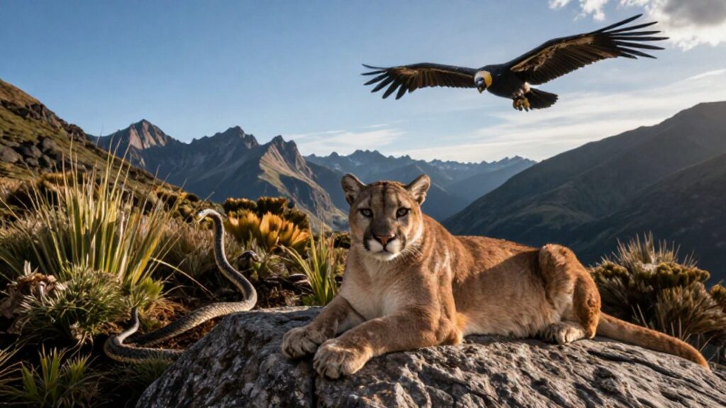 Un puma sobre una roca, una serpiente entre la vegetación y un cóndor sobrevolando las montañas andinas representan la trinidad simbólica de la mitología andina.