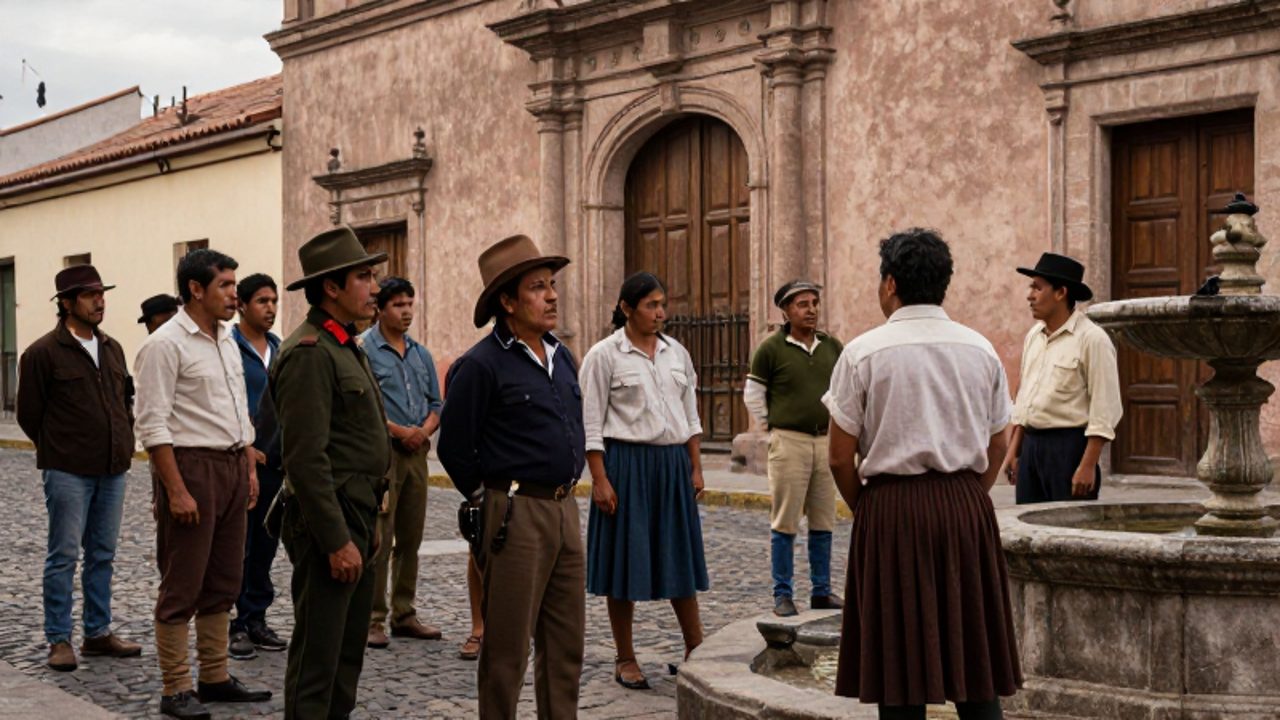 Grupo de ciudadanos de la época colonial conversan con intensidad en una calle empedrada de Lima bajo un cielo nublado.