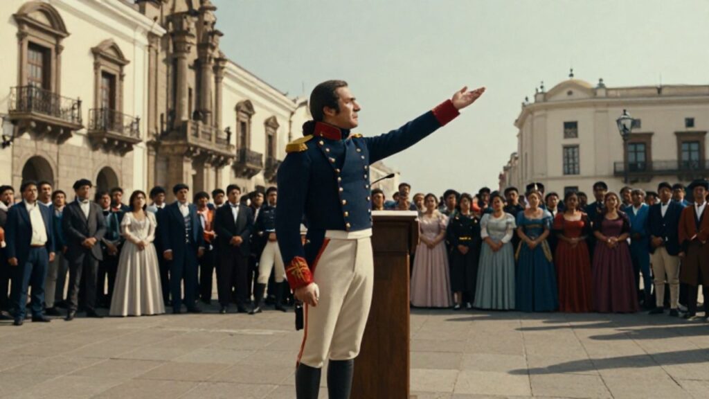 Un líder militar con uniforme de la época proclama la independencia desde un estrado frente a una multitud en una plaza colonial de Lima.